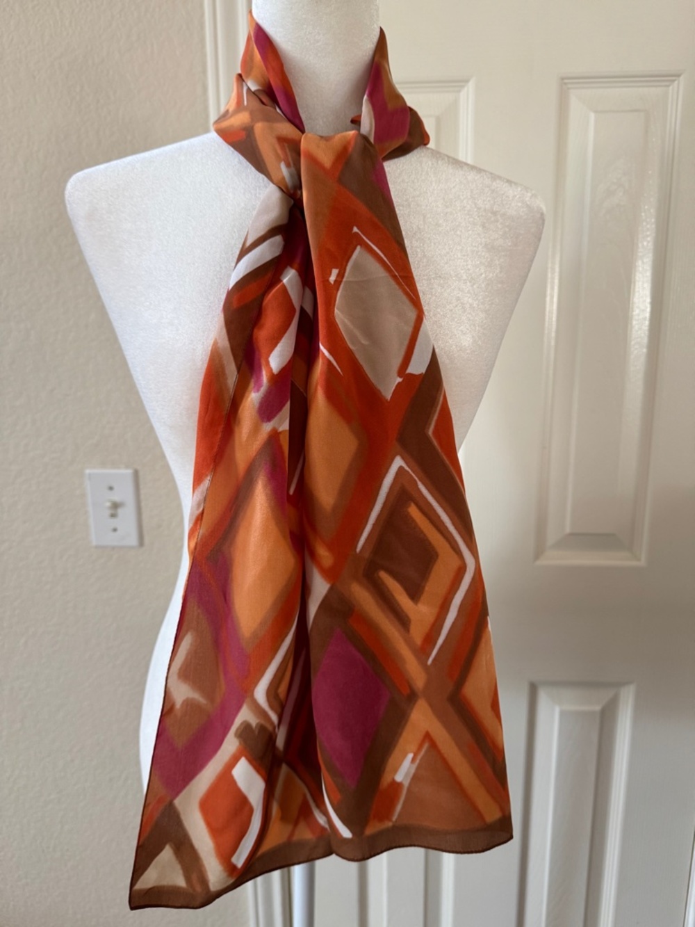 Federico Porta 100% Silk Scarf Vintage Italian Abstract Geometric Orange Brown